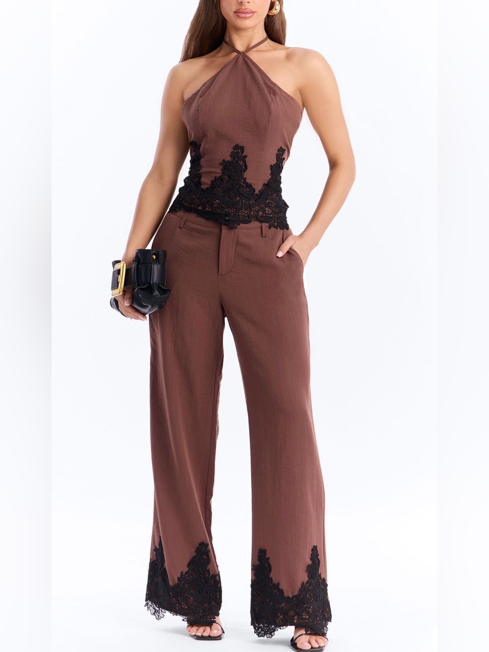 Fashion Nova Mindy Halter Lace Trim Linen Pants Set